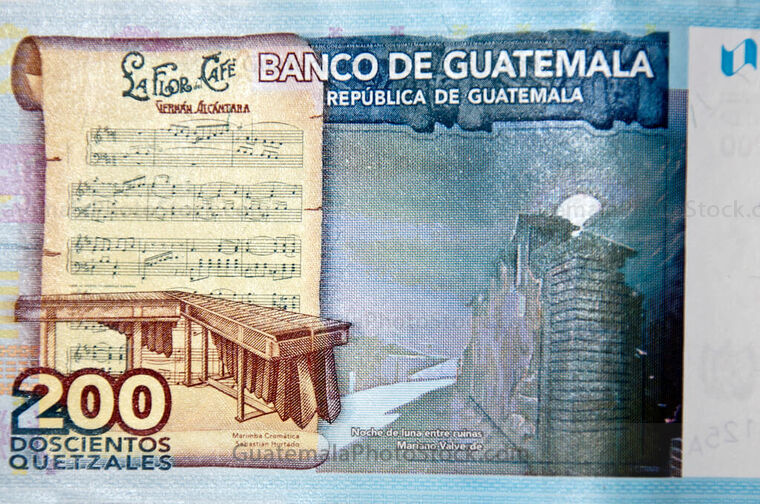 Detalle del reverso de un billete de 200 quetzales